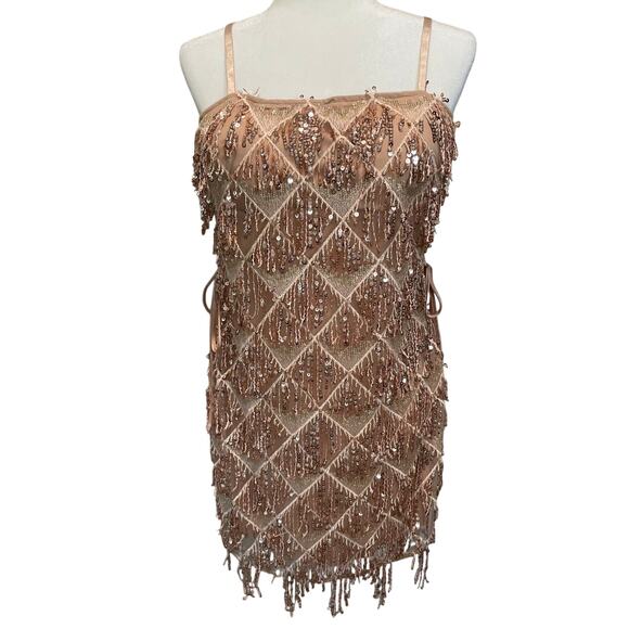 Akira Sequined Mini Dress Rose Gold NWOT Sheath Lace Up Sides Sz L Party Event - Picture 1 of 15
